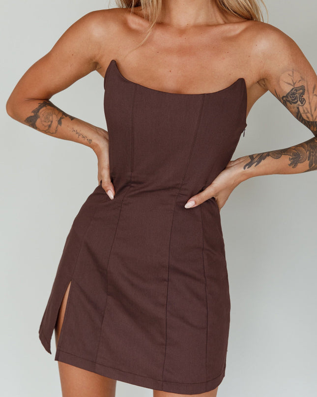 Brown Scoop Neckline Strapless Mini Dress