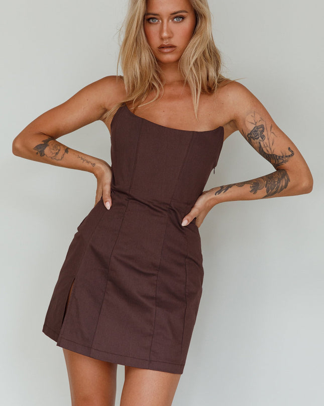 Brown Scoop Neckline Strapless Mini Dress
