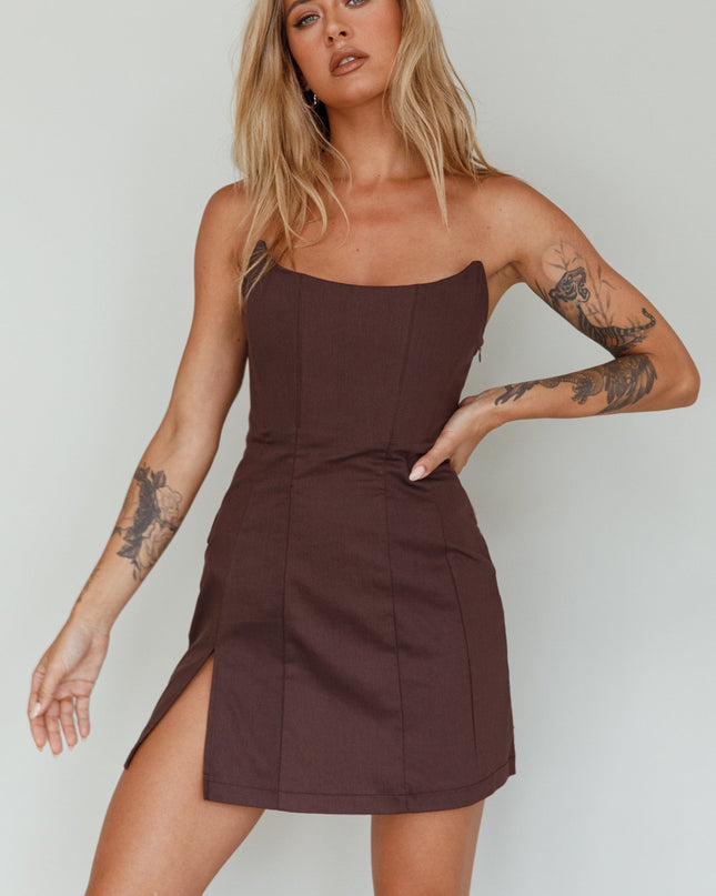 Brown Scoop Neckline Strapless Mini Dress
