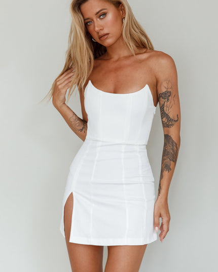 White Scoop Neckline Strapless Mini Dress