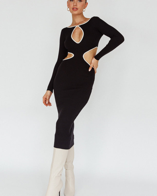 Black Keyhole Knit Midi Dress