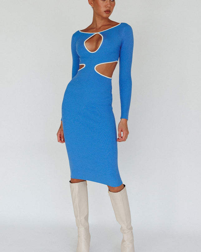 Blue Keyhole Knit Midi Dress