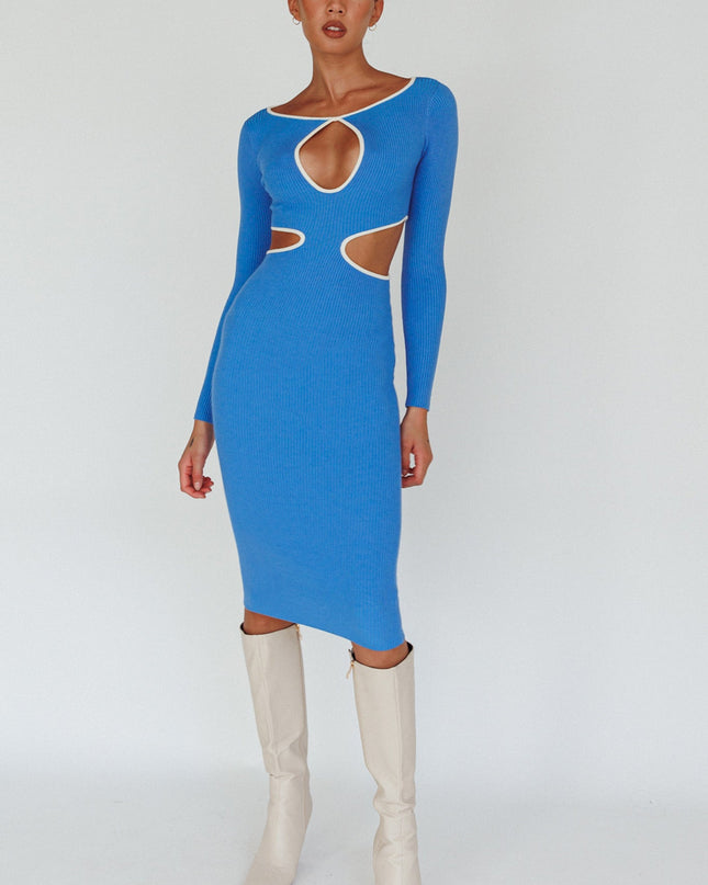 Blue Keyhole Knit Midi Dress