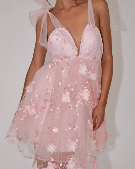 Pink Tied Shoulder Embellished Mini Dress