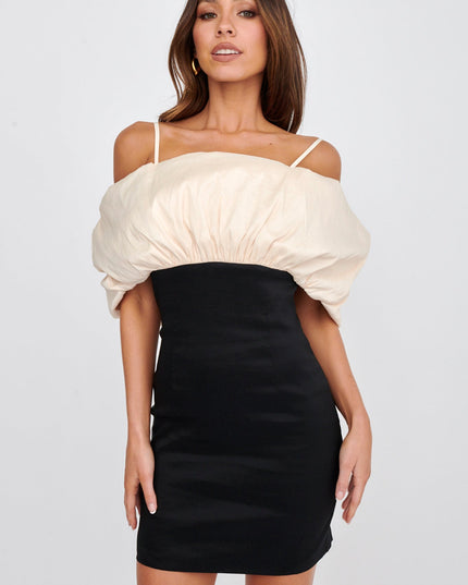 Black/Champagne Puffed Neckline Mini Dress