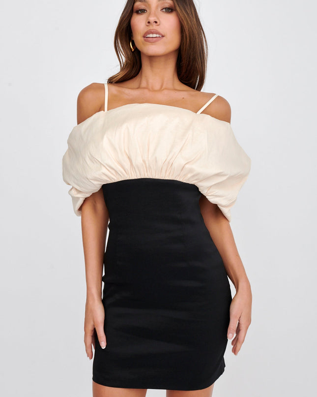 Black/Champagne Puffed Neckline Mini Dress