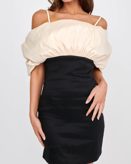 Black/Champagne Puffed Neckline Mini Dress