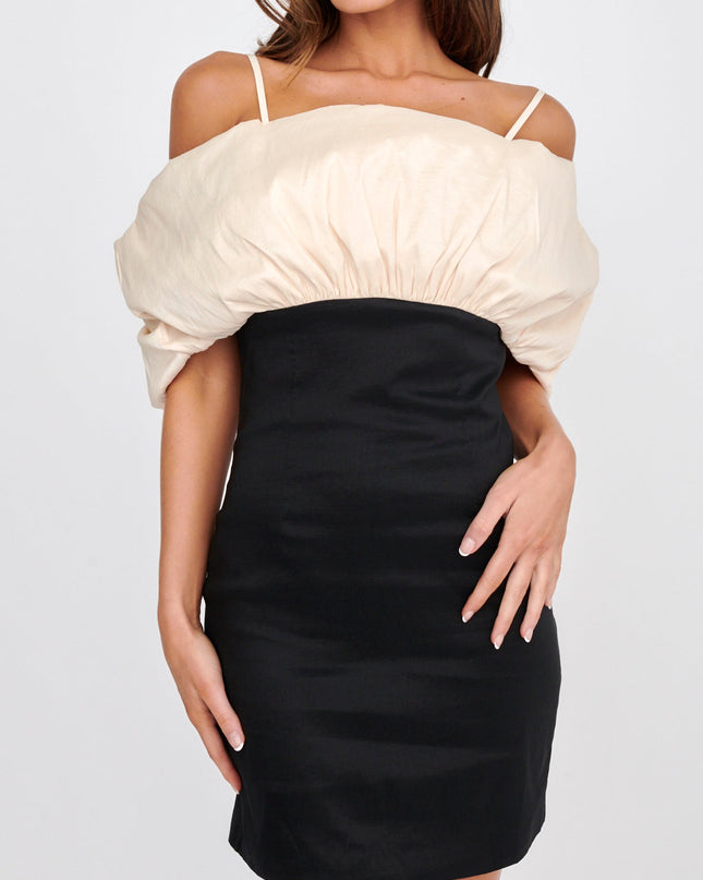 Black/Champagne Puffed Neckline Mini Dress