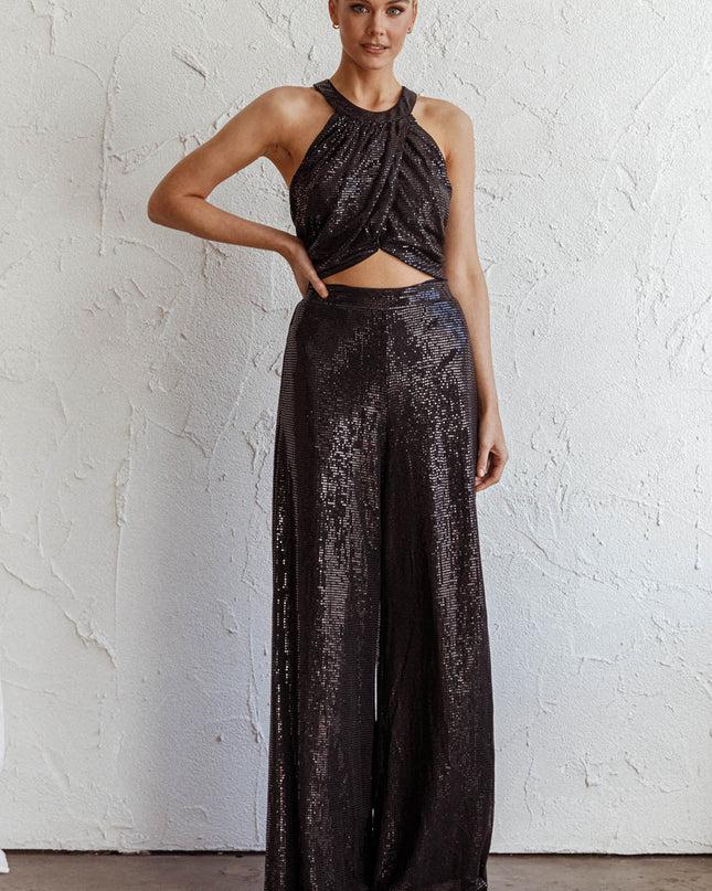 Black Wide Leg Metallic Pants