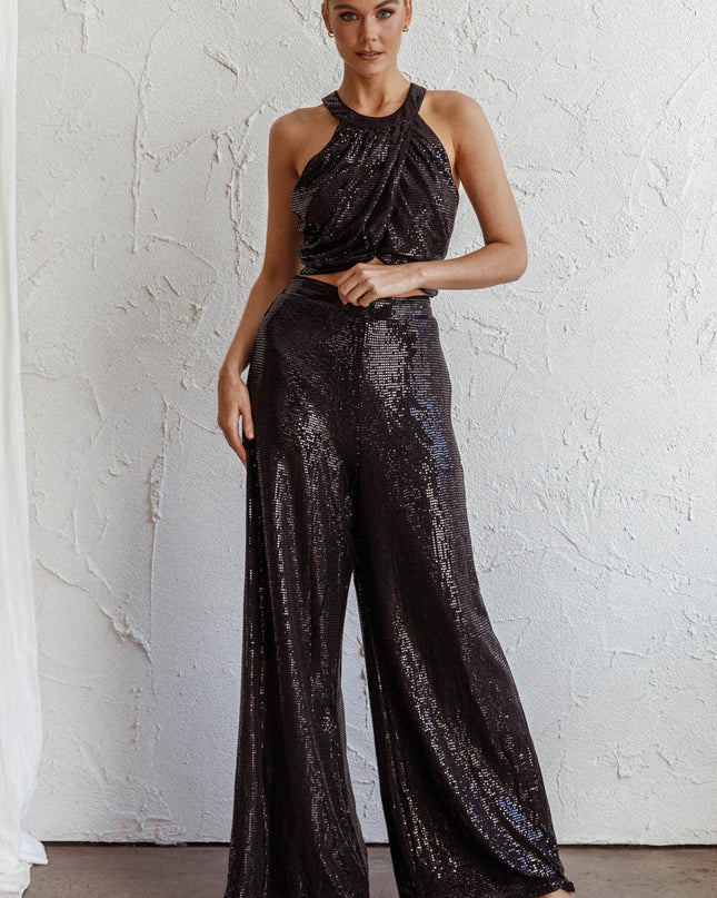Black Wide Leg Metallic Pants