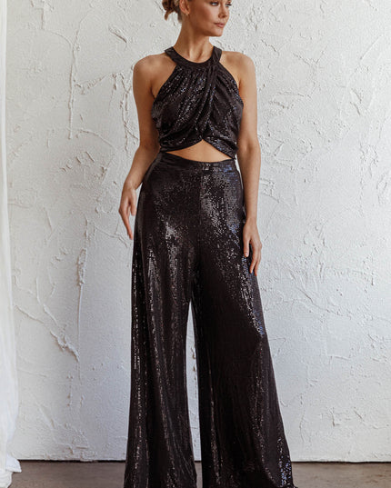 Black Wide Leg Metallic Pants