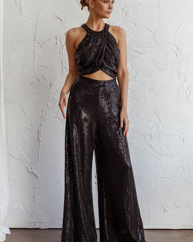 Black Wide Leg Metallic Pants