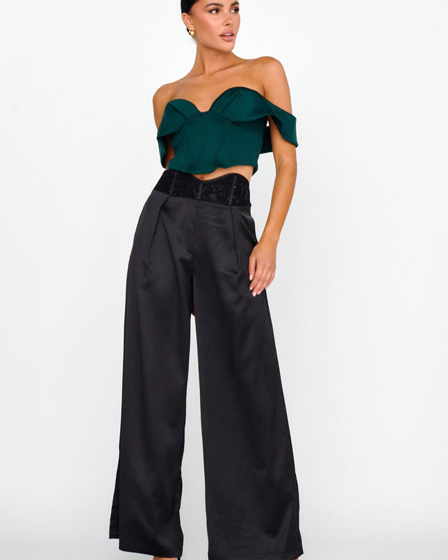 Black Curved Waist Lace Trim Pants