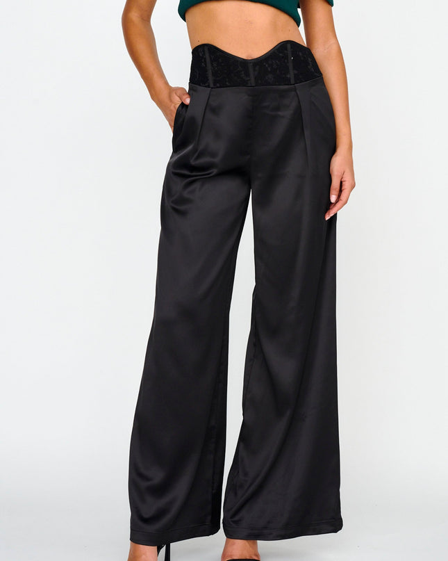 Black Curved Waist Lace Trim Pants