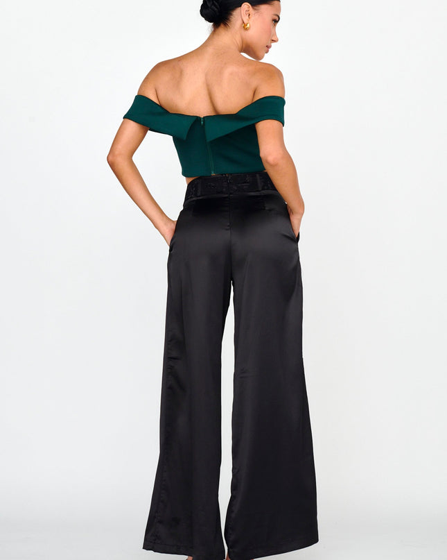 Black Curved Waist Lace Trim Pants