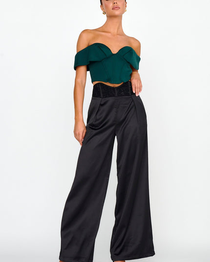 Black Curved Waist Lace Trim Pants