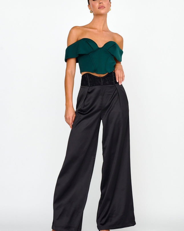 Black Curved Waist Lace Trim Pants