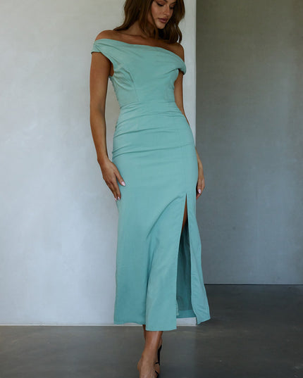 Pistachio On-Off Shoulder Midi Dress