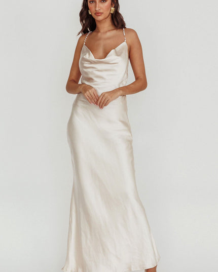 Champagne Cowl Neck Pearl Satin Maxi Dress