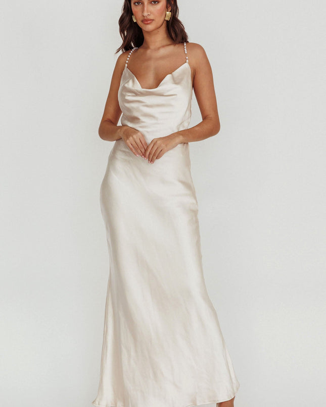 Champagne Cowl Neck Pearl Satin Maxi Dress