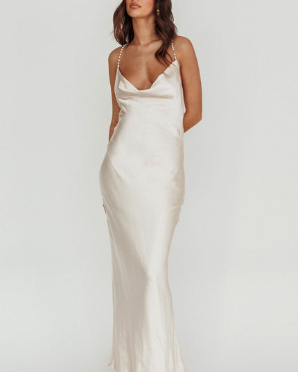 Champagne Cowl Neck Pearl Satin Maxi Dress
