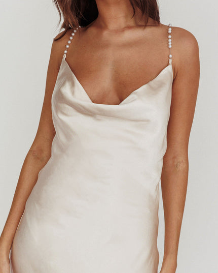 Champagne Cowl Neck Pearl Satin Maxi Dress