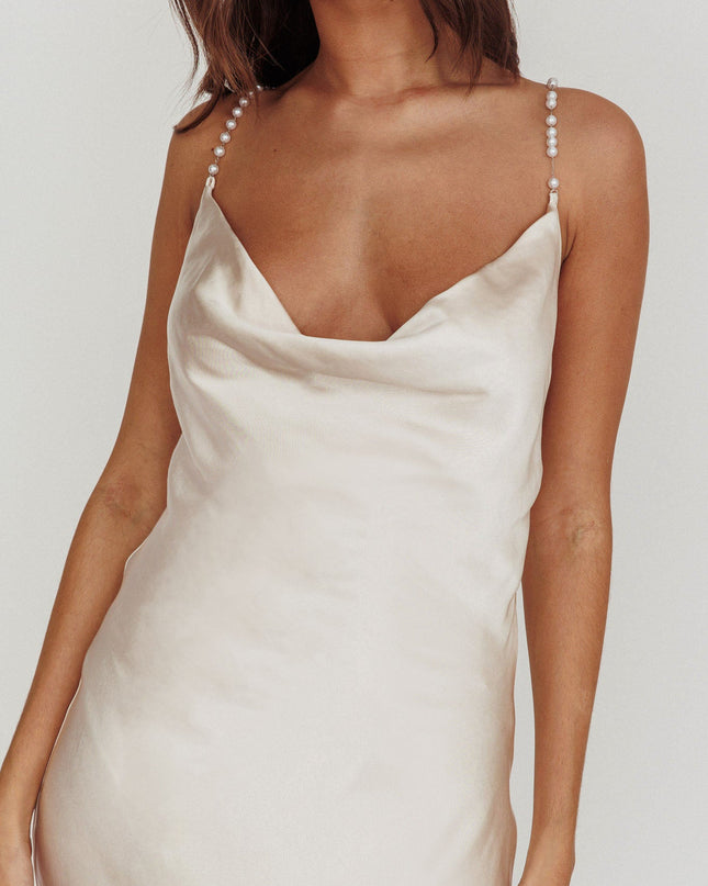 Champagne Cowl Neck Pearl Satin Maxi Dress