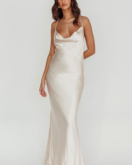 Champagne Cowl Neck Pearl Satin Maxi Dress