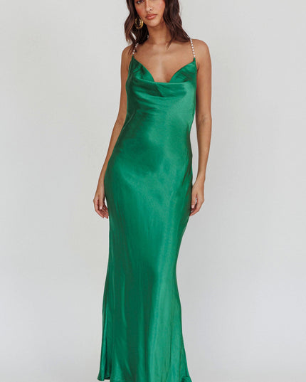 Emerald Cowl Neck Pearl Satin Maxi Dress