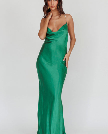 Emerald Cowl Neck Pearl Satin Maxi Dress