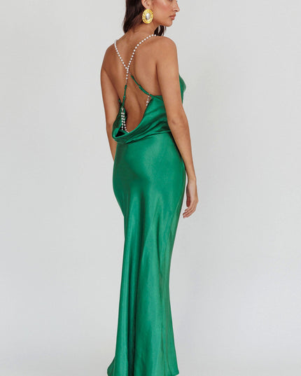 Emerald Cowl Neck Pearl Satin Maxi Dress