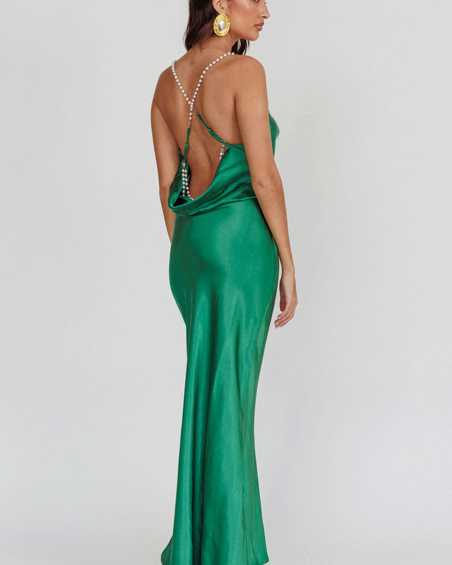 Emerald Cowl Neck Pearl Satin Maxi Dress