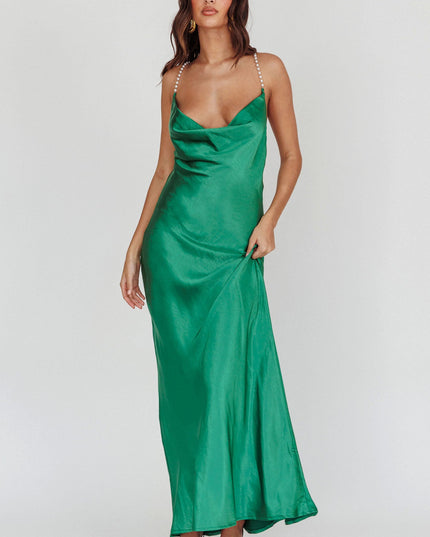 Emerald Cowl Neck Pearl Satin Maxi Dress