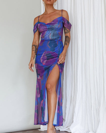 Blue Off-Shoulder Sleeve Midi Dress