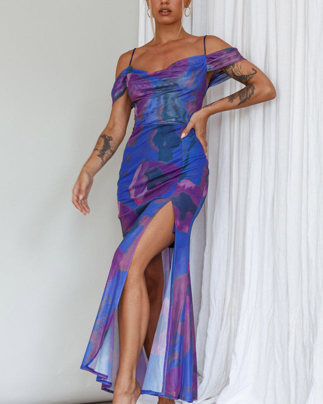 Blue Off-Shoulder Sleeve Midi Dress
