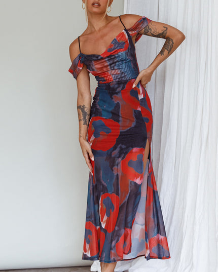 Red Off-Shoulder Sleeve Midi Dress
