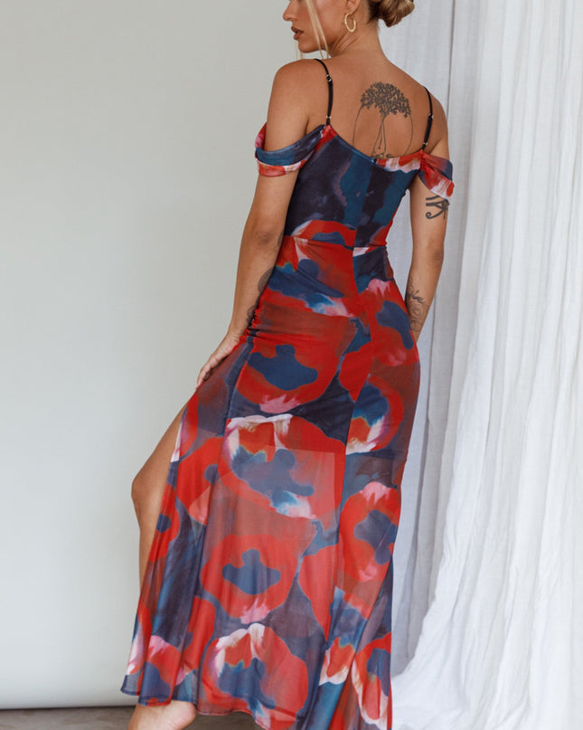 Red Off-Shoulder Sleeve Midi Dress
