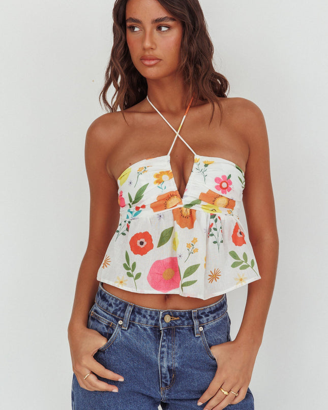 White Halter Neck Top Floral