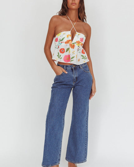 White Halter Neck Top Floral