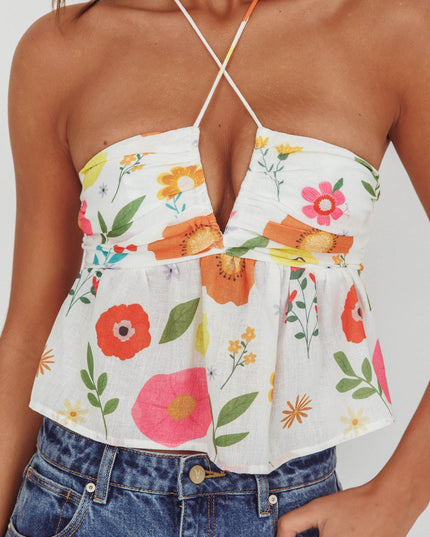 White Halter Neck Top Floral