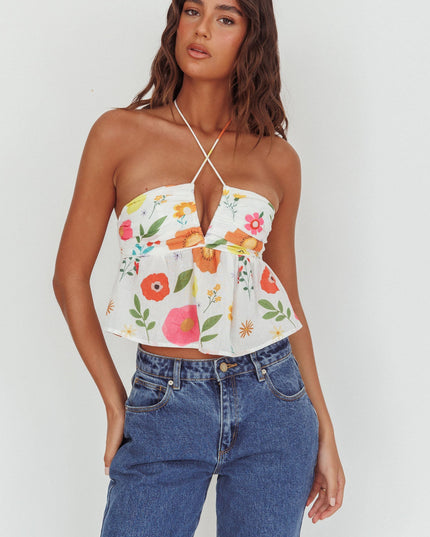 White Halter Neck Top Floral