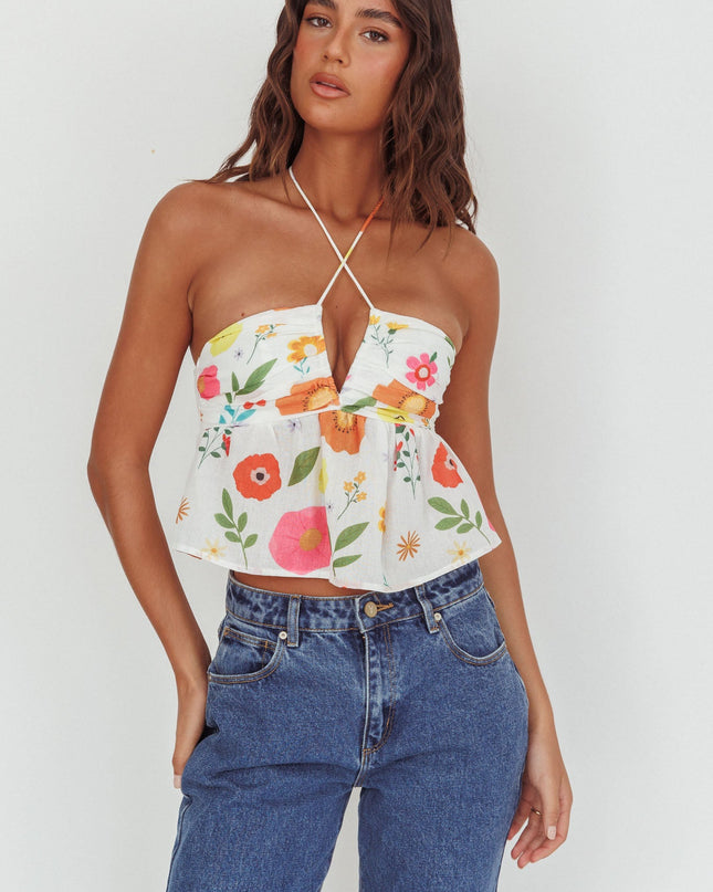 White Halter Neck Top Floral