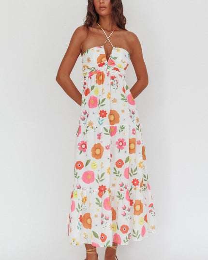 White Gathered Bust Halterneck Maxi Dress Floral