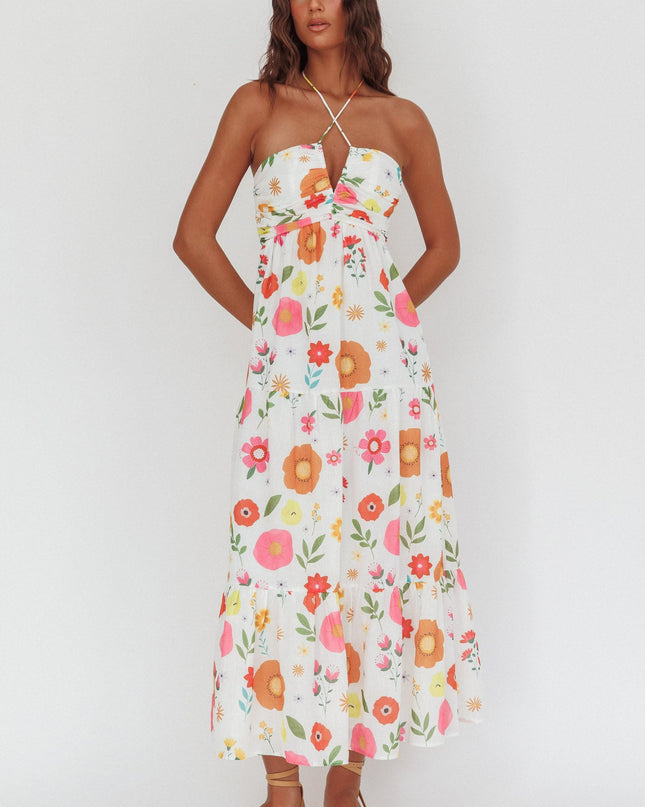 White Gathered Bust Halterneck Maxi Dress Floral