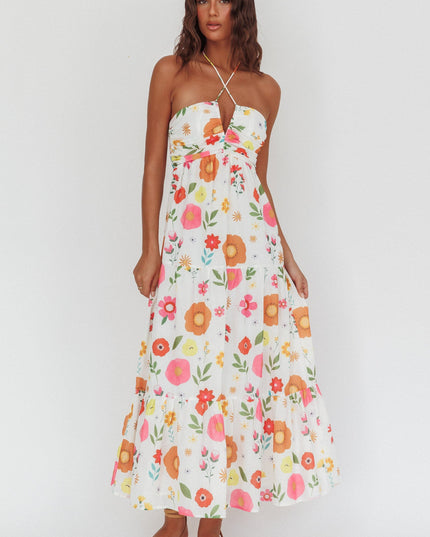 White Gathered Bust Halterneck Maxi Dress Floral