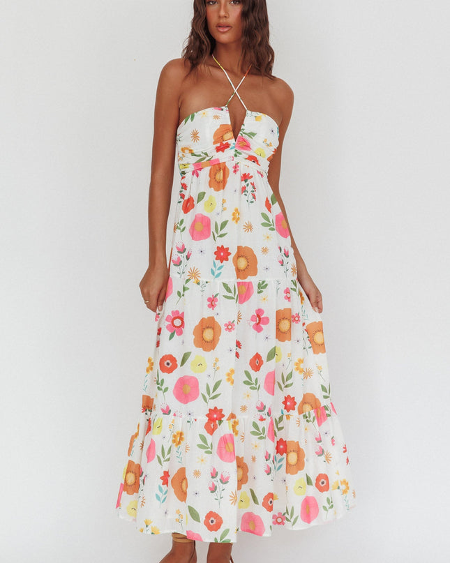White Gathered Bust Halterneck Maxi Dress Floral