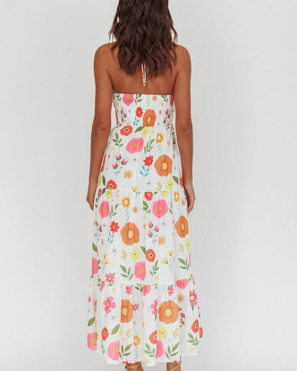 White Gathered Bust Halterneck Maxi Dress Floral