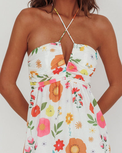 White Gathered Bust Halterneck Maxi Dress Floral