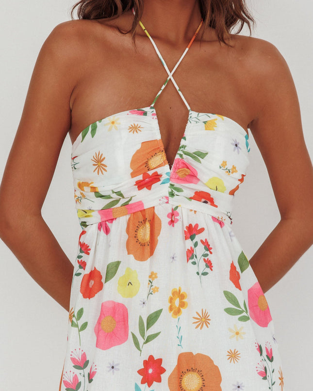 White Gathered Bust Halterneck Maxi Dress Floral