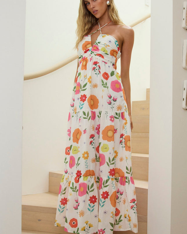 White Gathered Bust Halterneck Maxi Dress Floral